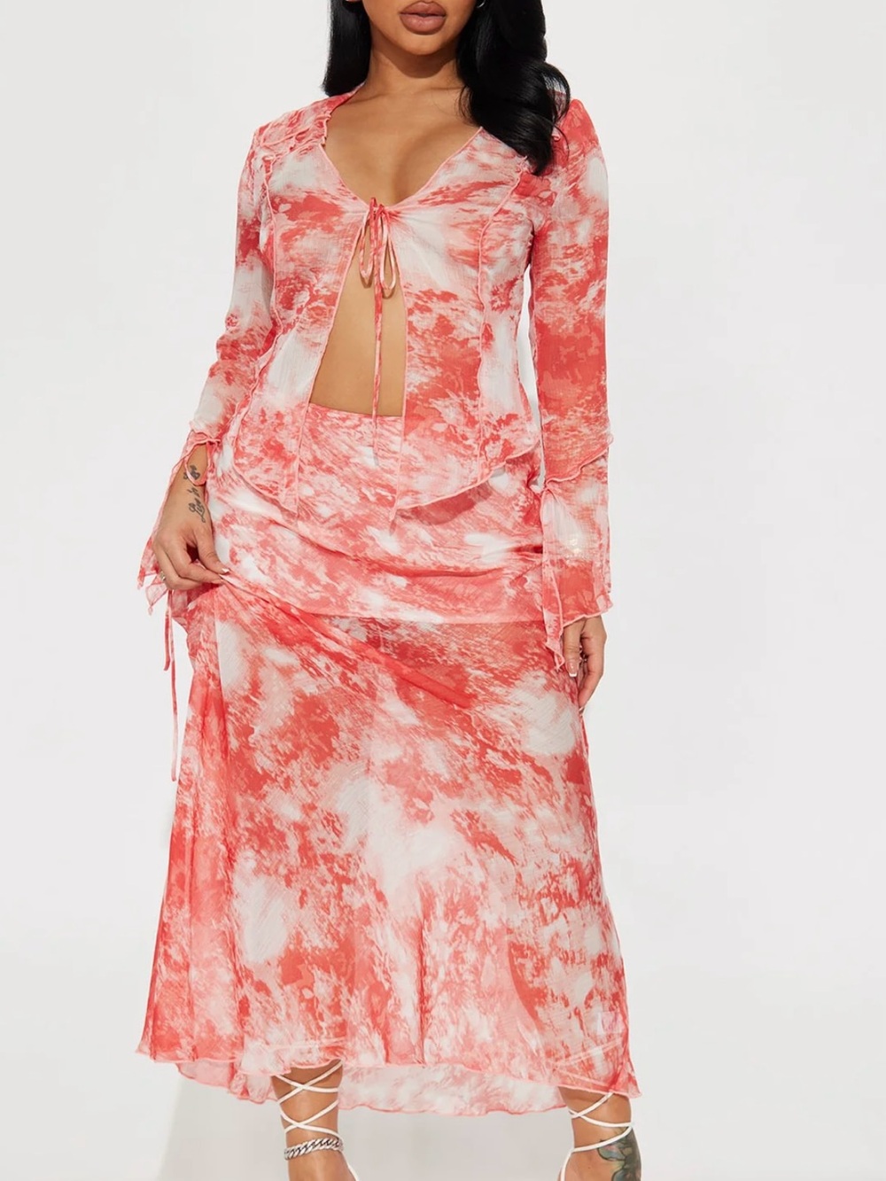 Fashion Nova Coral White Tie-Dye Two-Piece Skirt Set
